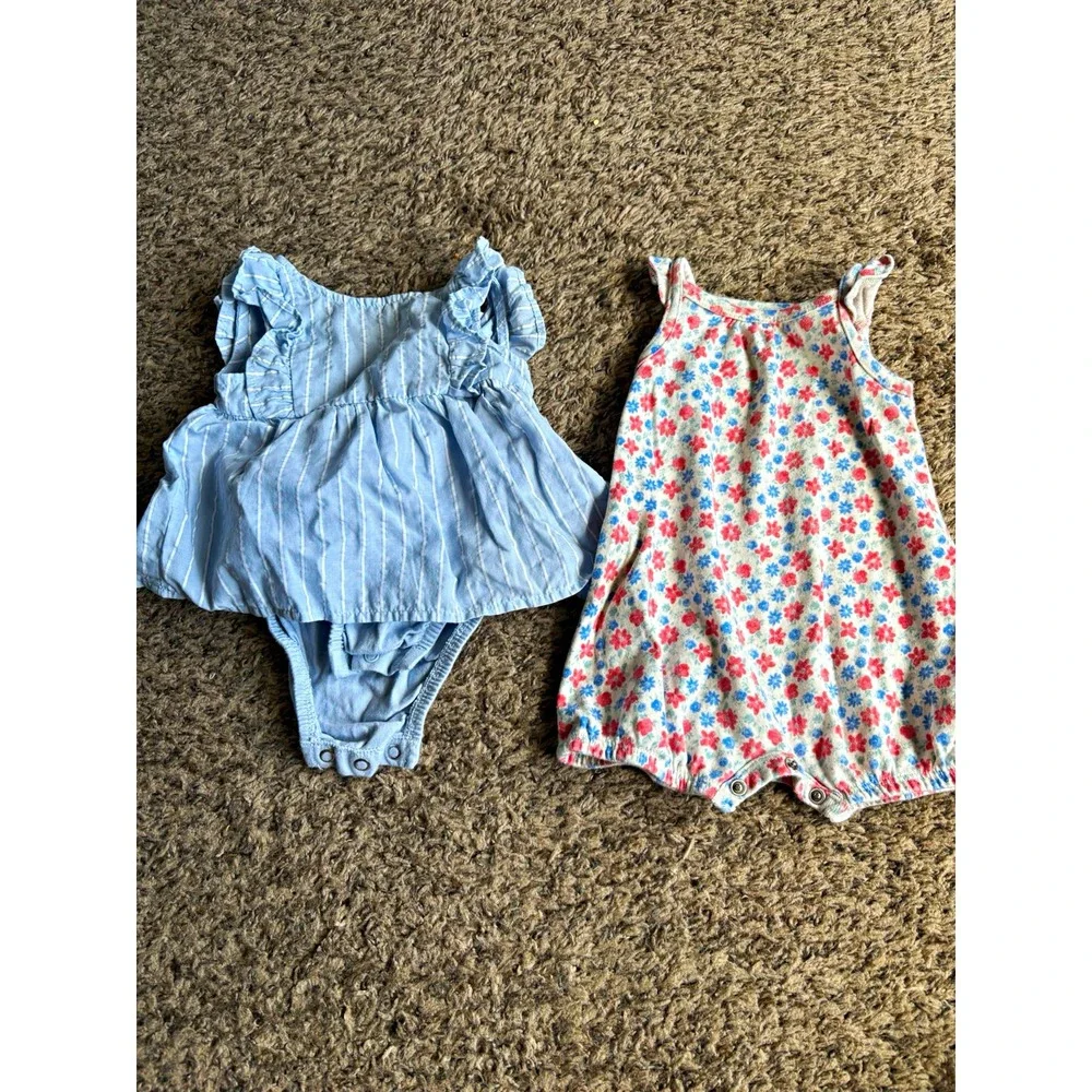 Carter's Baby Girls Lot of 2 Blue/White Floral Ruffle Romper Set 0-3M